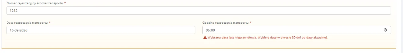 Komunikat BDO przy godzinie rozpoczęcia transportu z przeszłości: Wybrana data jest nieprawidłowa