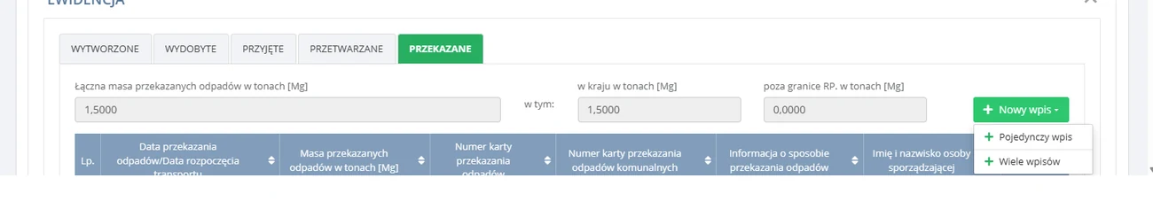 Karta ewidencji odpadów w BDO od 2027: rozwijany przycisk Nowy wpis z opcjami Pojedynczy wpis i Wiele wpisów