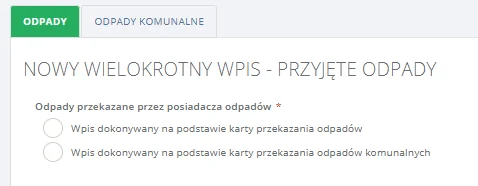 Ekran Nowy wielokrotny wpis w BDO od 2027: wybór źródła, wpis na podstawie karty przekazania odpadów albo odpadów komunalnych