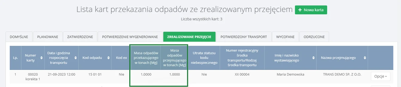Lista kart przekazania odpadów ze zrealizowanym przejęciem od 2027 z kolumnami masy przekazującego i przejmującego