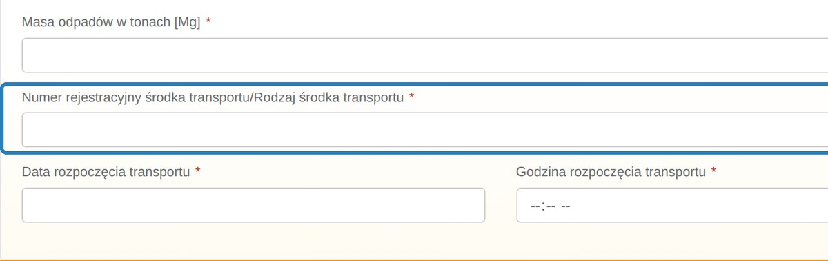 Karta przekazania odpadów obecnie: jedno pole na numer rejestracyjny i rodzaj środka transportu