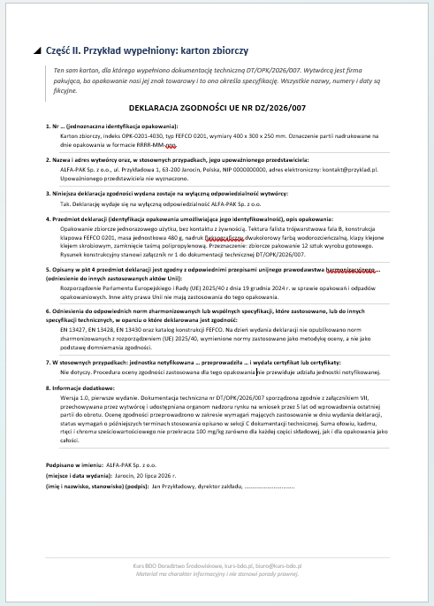 wypełniona deklaracja zgodności, osiem punktów